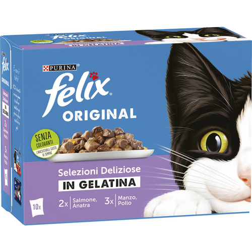 FELIX ORIGINAL 10 BUSTE IN GELATINA DA 85 GR. 2 SALMONE 2 ANATRA 3 MANZO 3 POLLO FELIX ORIGINAL 10 BUSTE IN GELATINA DA 85 GR. 2 SALMONE 2 ANATRA 3 MANZO 3 POLLO