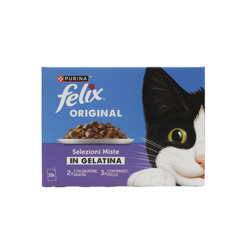 FELIX ORIGINAL 10 BUSTE IN GELATINA DA 85 GR. 2 SALMONE 2 ANATRA 3 MANZO 3 POLLO