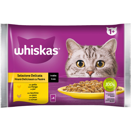 WHISKAS CORE 1+ SELEZIONE DELICATA BUSTA 4x85gr POLLO, TACCHINO IN SALSA