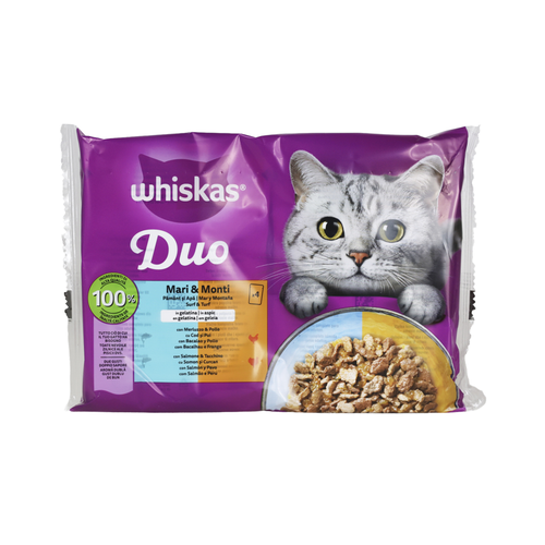 WHISKAS DUO 1+ MARI&MONTI BUSTA 4x85gr MERLUZZO/POLLO, SALMONE/TACCHINO IN GELATINA