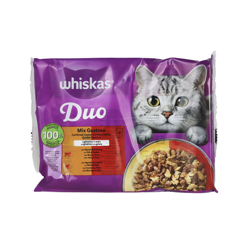 WHISKAS DUO 1+ MIX GUSTOSO BUSTA 4x85gr MANZO/POLLAME, AGNELLO/ANATRA IN GELATINA