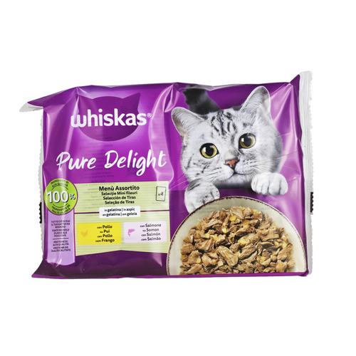 WHISKAS PURE DELIGHT MENU' ASSORTITO BUSTA 4x85gr POLLO, SALMONE IN GELATINA