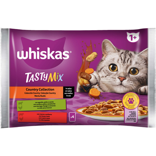 WHISKAS TASTY MIX 1+ COUNTRY COLLECTION BUSTA 4x85gr AGNELLO/POLLO/CAROTE, MANZO/POLLAME IN SALSA WHISKAS TASTY MIX 1+ COUNTRY COLLECTION BUSTA 4x85gr AGNELLO/POLLO/CAROTE, MANZO/POLLAME IN SALSA