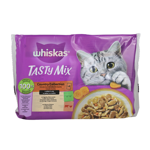 WHISKAS TASTY MIX 1+ COUNTRY COLLECTION BUSTA 4x85gr AGNELLO/POLLO/CAROTE, MANZO/POLLAME IN SALSA