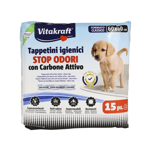 VITAKRAFT TAPPETINI IGIENICI ANIMALI CANE E GATTO CON CARBONE ATTIVO CM 60x60 15 PZ