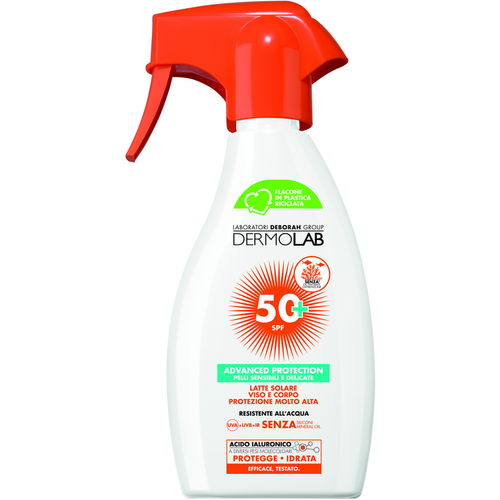 DERMOLAB LATTE SOLARE CORPO E VISO PROTEZIONE MOLTO ALTA SPF 50+ ADVANCED PROTECTION PELLI SENSIBILI E DELICATE RESISTENTE ALL'ACQUA TRIGGER 250 ML