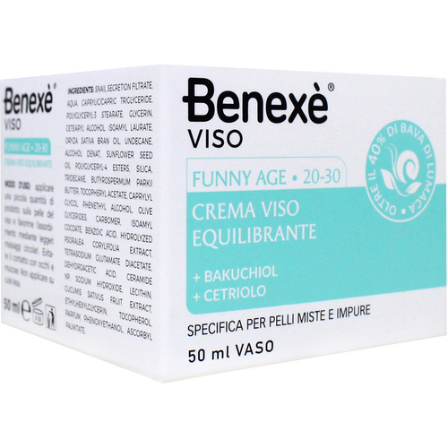 BENEXE' VISO CREMA EQUILBRANTE FUNNY AGE 20-30 CON BAVA DI LUMACA, BAKUCHIOL, CETRIOLO PELLI MISTE E IMPURE VASO 50 ML 