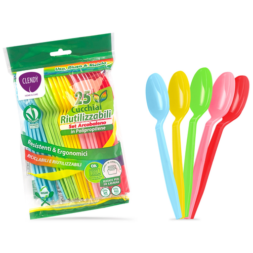 CLENDY HOME&CARE CUCCHIAI DI PLASTICA RIUTILIZZABILI SET ARCOBALENO BUSTA 25 PEZZI