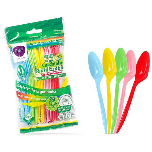 CLENDY HOME&CARE CUCCHIAINI DI PLASTICA RIUTILIZZABILI SET ARCOBALENO BUSTA 25 PEZZI
