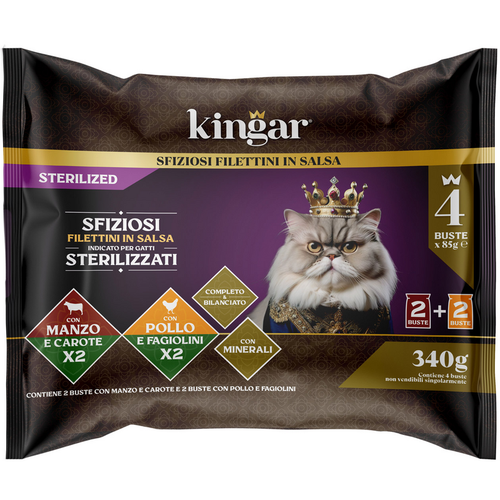 KINGAR CAT FILETTI IN SALSA MANZO E POLLO CON VERDURE 4 BUSTE DA 85 GRAMMI    
