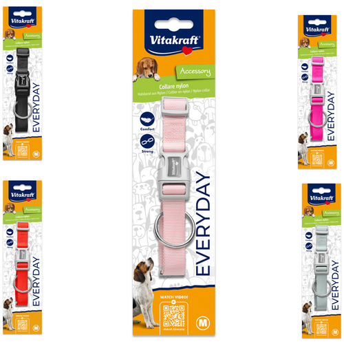 VITAKRAFT COLLARE NYLON PER CANE M 2/34-52 CM ASSORTITO IN 5 COLORI: 2 RED - 1 BLACK - 1 LIGHT PINK - 1 GREY - 1 BEIGE/GOLD
