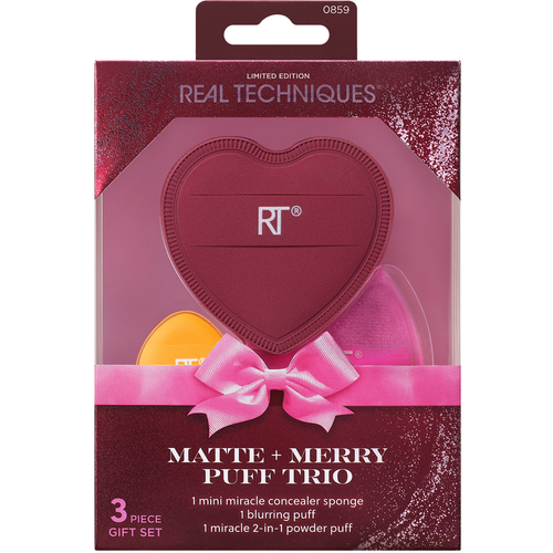 REAL TECHNIQUES COFANETTO MATTE + MERRY PUFF TRIO 3 PEZZI; BLURRING HEART PUFF - MINI MIRACLE CONCEALER PUFF - MIRACLE 2in1 POWDER PUFF 