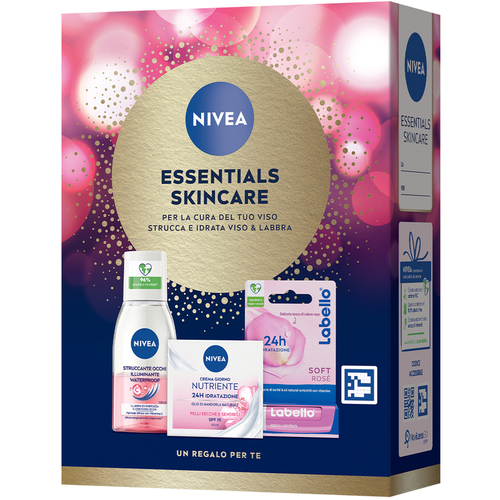 NIVEA COFANETTO REGALO DONNA ESSENTIAL SKIN CARE: STRUCCANTE OCCHI ILLUMINANTE WATERPROOF 125ml, CREMA VISO NUTRIENTE 50ml, LABELLO BURROCACAO SOFT ROSE' 4.8g