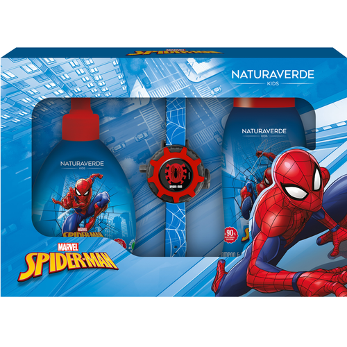 NATURAVERDE KIDS COFANETTO SPIDER-MAN: DOCCIASHAMPOO 250 ML + SAPONE LIQUIDO 250 ML + OROLOGIO PROIETTORE