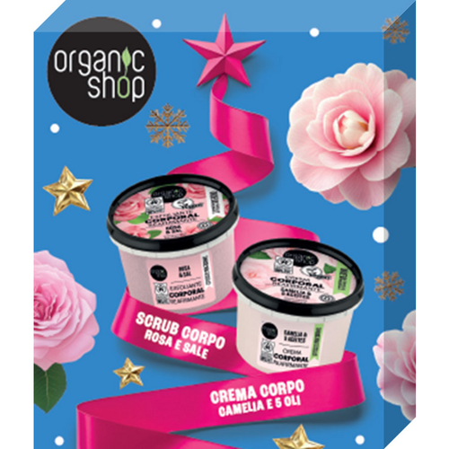 ORGANIC SHOP COFANETTO: SCRUB CORPO ROSA e SALE 250 ML + CREMA CORPO CAMELIA e 5 OLI 250 ML