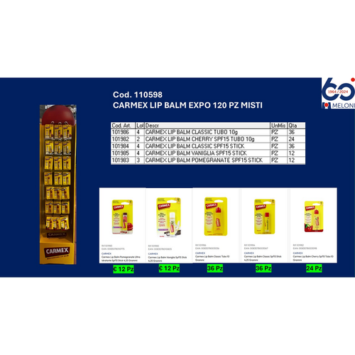 CARMEX LIP BALM EXPO 120 PZ MISTI: 36 LIP BALM CLASSIC TUBO - 24 LIP BALM CHERRY TUBO - 36 LIP BALM CLASSIC STICK - 12 LIP BALM VANIGLIA STICK - 12 LIP BALM POMEGRANATE STICK
