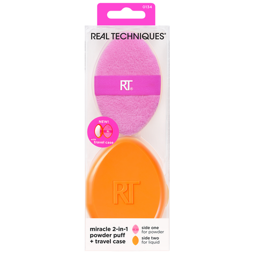 REAL TECHNIQUES MIRACLE 2 IN 1 PUFF + TRAVEL CASE. PUFF MULTIUSO A DOPPIA TEXTURE + CUSTODIA DA VIAGGIO