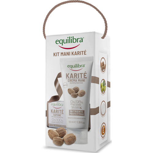 EQUILIBRA COFANETTO KIT MANI KARITE'; CREMA MANI NUTRIENTE PROTETTIVA 100 ML + SAPONE 100% VEGETALE 100 grammi 