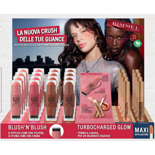 RIMMEL BLUSH MULTITASKER BLUSH'N'BRUSH ESPOSITORE MAKE UP 18 PEZZI MISTI