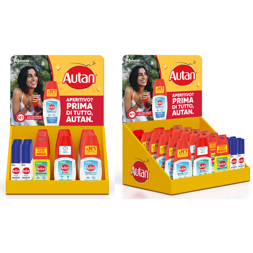 AUTAN REPELLENTE ESPOSITORE DA BANCO 30 PEZZI: 6 AUTAN FAMILY VAPO 100 ML - 6 AUTAN TROPICAL VAPO 100 ML - 6 AUTAN KIDS INSETTO REPELLENTE VAPO 100 ML - 12 AUTAN DOPO PUNTURA SPRAY 125 ML