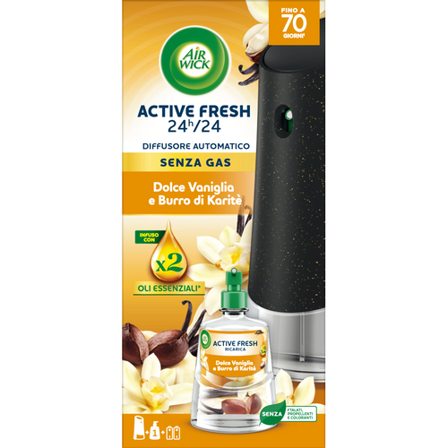 AIRWICK ACTIVE FRESH 24h/24 DIFFUSORE ELETTRICO AUTOMATICO SENZA GAS COMPLETO DOLCE VANIGLIA E BURRO DI CARITE'