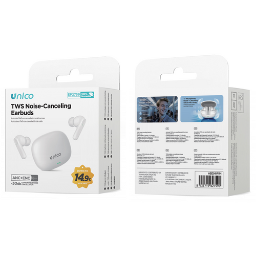 UNICO AURICOLARI BLUETOOTH TWS IN-EAR ANC+ENC 300 MAH (CON CAVO A-C 0,3 M) BIANCO
