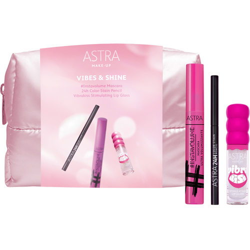ASTRA COFANETTO POCHETTE VIBES & SHINE "VIBRAKISS - 01 ME TIME
24H COLOR STAIN PENCIL - BLACK
#INSTAVOLUME MASCARA - BLACK"
