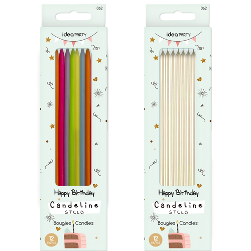 IDEA PARTY CANDELINE STELO HAPPY BIRTHDAY 12 PEZZI COLORI ASSORTITI