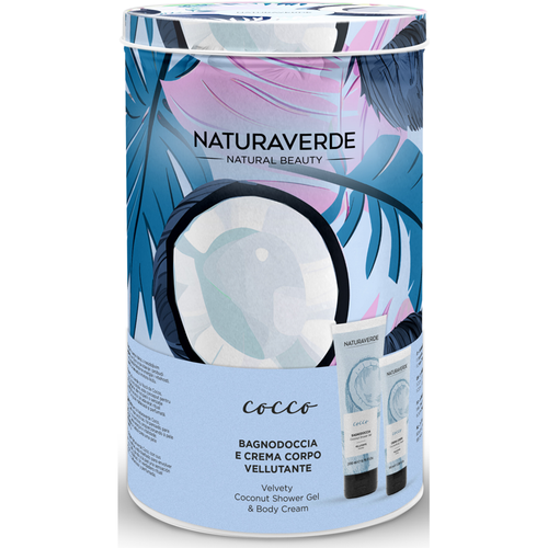 NATURAVERDE COFANETTO CILINDRO IN LATTA COCCO - BAGNODOCCIA VELLUTANTE TUBO 200 ML + CREMA CORPO VELLUTANTE TUBO 100 ML 