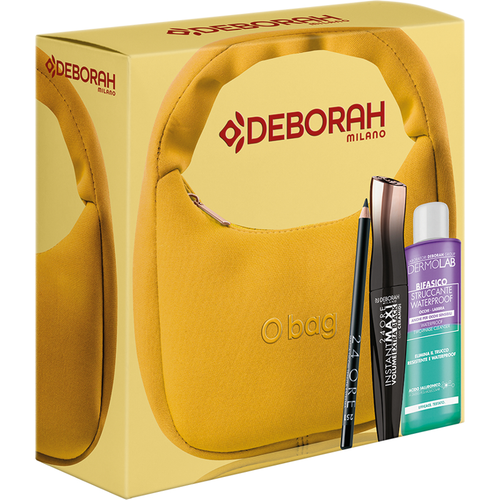 DEBORAH CONFEZIONE BORSA O'BAG COLOR SENAPE SIZE 20x20 + MASCARA 24ORE INSTANT EX.BLACK + MATITA OCCHI 24 ORE N.251 NERO + STRUCCANTE BIFASICO DERMOLAB 50 ML 