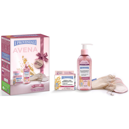 I PROVENZALI COFANETTI AVENA; CREMA VISO 50 ML + GEL DETERGENTE 150 ML + 3 DISCHETTI STRUCCANTI FIBRA BAMBOO IN MESH BAG