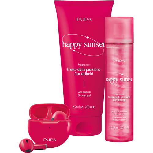 PUPA MOOD BOOST CONFEZIONE HAPPY SUNSET GEL DOCCIA 200 ML + ACQUA DEL  BUON UMORE VISO E CORPO 100 ML + CUFFIE ROSSE