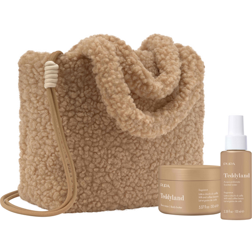 PUPA '26 TEDDYLAND BURRO CORPO 150 ML + ACQUA PROFUMATA 100 ML LATTE E CHICCHI DI CAFFE' + TEDDY BAG