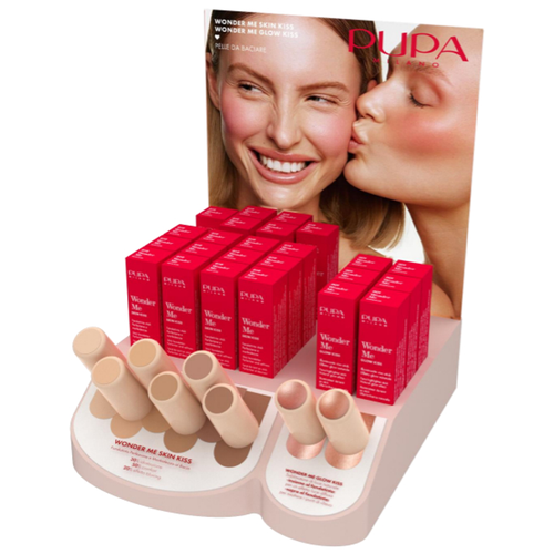 PUPA FONDOTINTA WONDER ME SKIN KISS E ILLUMINANTE WONDER ME GLOW ESPOSITORE MAKE UP 24 PEZZI MISTI + TESTER