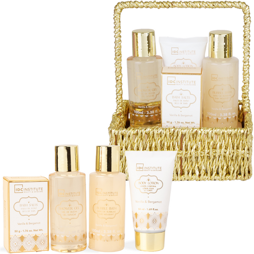IDC INSTITUTE COFANETTO GOLD CESTO SET BATH & BODY VANILLA & BERGAMOT 4 PEZZI; BATH SALIS 50 grammI + SHOWER GEL 100 ML + BUBBLE BATH 100 ML + BODY LOTION 50 ML 