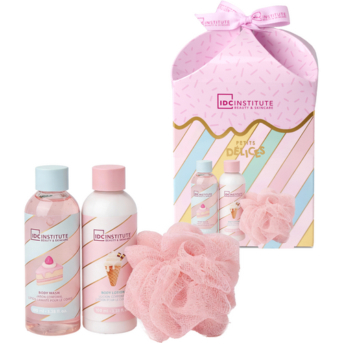 IDC INSTITUTE COFANETTO PETITS DELICES BEAUTY & SKINCARE SET 3 PEZZI; BODY WASH 100 ML +  BODY LOTION 100 ML + SPUGNA IN RETE