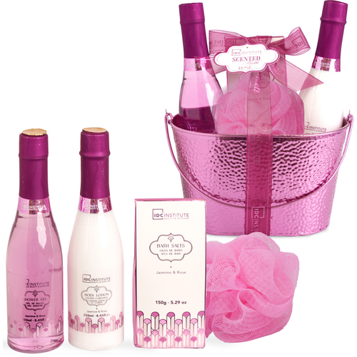 IDC INSTITUTE COFANETTO ROSE' BUCKET BATH & BODY JASMINE & ROSE 4 PEZZI; BATH SALTS 150 grammI + BODY LOTION 250 ML + SHOWER GEL 250 ML + SPUGNA IN RETE