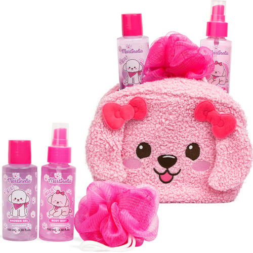 MARTINELIA PUPPIES SHOWER TIME KIT: SHOWER GEL BLUEBERRY 100 ML + BODY MIST STRAWBERRY 100 ML + BATH PUFF + BAG