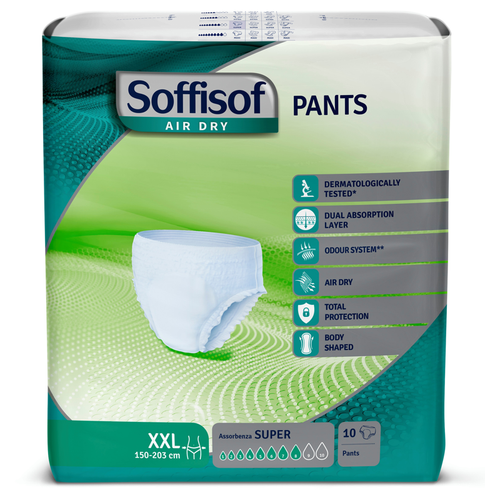 SOFFISOF PANNOLONI MUTANDINA ADULTI PANTS AIR DRY MISURA XXL 10 PZ Giro vita 150-203 cm DISPOSITIVO MEDICO CE DI CLASSE 1