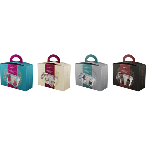 TESORI D'ORIENTE COFANETTO ASSORTITO NELLE FRAGRANZE: POCHETTE + EDT AROMATICO 100 ML + CREMA CORPO AROMATICA 75 ML (2 AYURVEDA - 2  MUSCHIO BIANCO - 2 HAMMAM  - 2 BYZANTIUM)