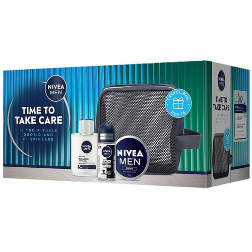 NIVEA MEN COFANETTO TIME TO TAKE CARE + TRAVEL BAG; BALSAMO DOPOBARBA SENSITIVE 100 ML + DEODORANTE ROLL ON BLACK & WHITE INVISIBLE ORIGINAL 50 ML + CREME 75 ML 