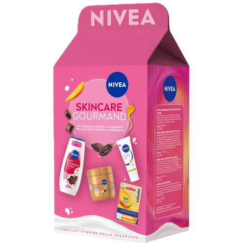 NIVEA COFANETTO BODY SKINCARE GOURMAND; CREMA MANI HONEY 75 ML + CREMA CORPO BURRO DI CACAO 400 ML + DOCCIA DARK CHOCOLATE 250 ML + LABELLO MANGO 5,5 ML 