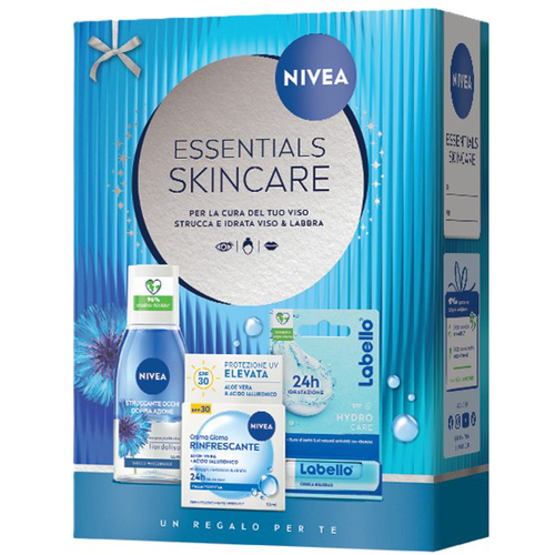 NIVEA COFANETTO ESSENTIALS SKINCARE VISO; CREMA GIORNO RINFRESCANTE SPF30 50 ML + STRUCCANTE OCCHI DOPPIA AZIONE 125 ML + LABELLO HYDRO CARE SPF15  5,5 ML