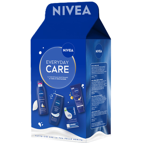 NIVEA COFANETTO EVERYDAY BODY CARE; LABELLO CLASSICO 5,5 ML + CREMA MANI NUTRIENTE 100 ML + CREMA CORPO NUTRIENTE 250 ML + DOCCIA CREME CARE 250 ML