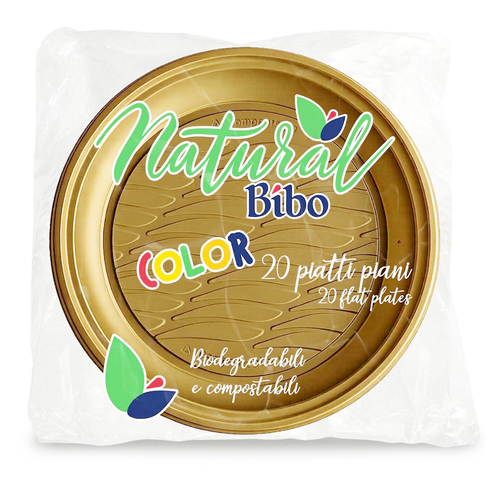BIBO NATURAL 20 PIATTI PIANI 21,5 DM BIODEGRADABILI COMPOSTABILI COLORE ORO