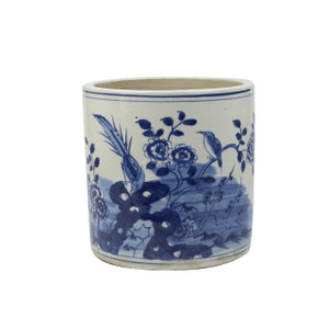 Blue And White Orchid Pot Bird Floral Motif