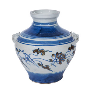 Blue Striped Lotus Lion Handle Jar - M