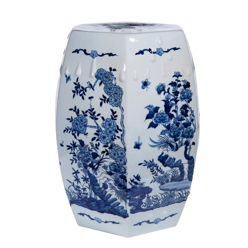 Hexagonal Blue & White Floral Bird Garden Stool