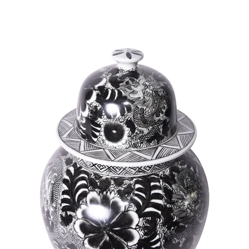 Black Temple Jar W/ Dragon & Floral Motif