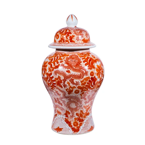 Orange Temple Jar W/ Dragon & Floral Motif - Large